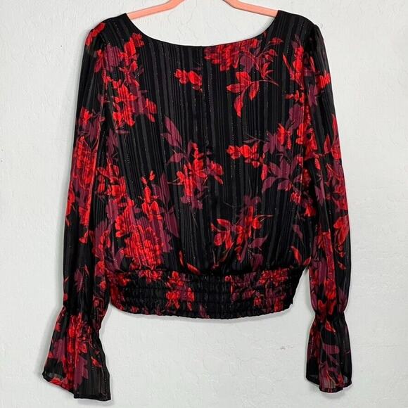 Lane Bryant Dress Shirt 16 Classic Black And Red Floral Flirty Cropped - Picture 3 of 13